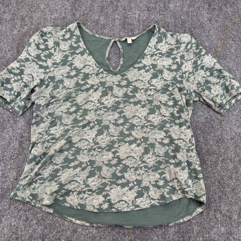 Lucky Brand Floral Print Keyhole Back Knit Top Green Size L